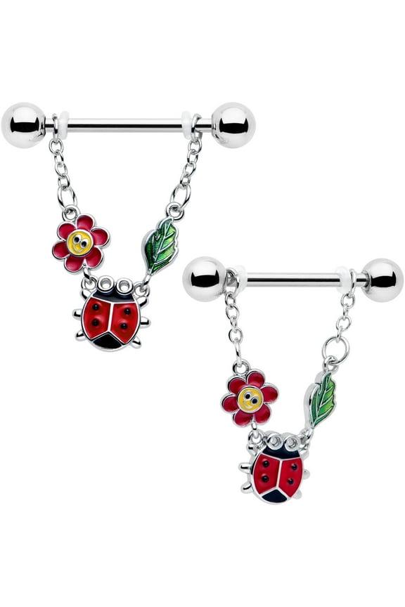 14G 9/16 Nipple Ring Set - 316L Stainless Steel 2Pc Nipplerings Piercing Ladybug Hippie Flower Chain Dangle Nipple Barbells