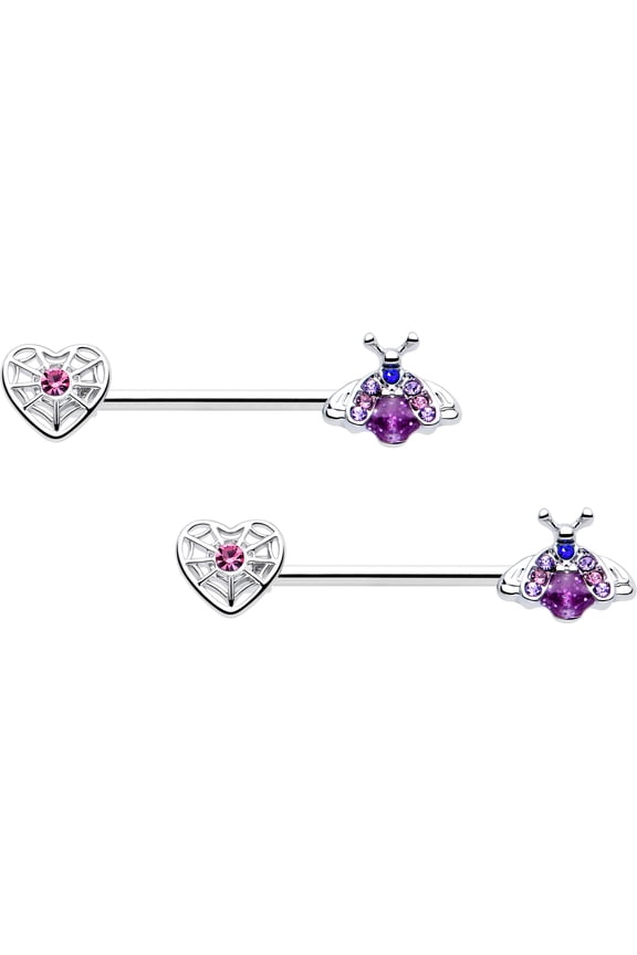 14G 9/16 Nipple Ring Set - 316L Stainless Steel 2Pc Nipplerings Piercing Spiderweb Heart Insect Nipple Barbells