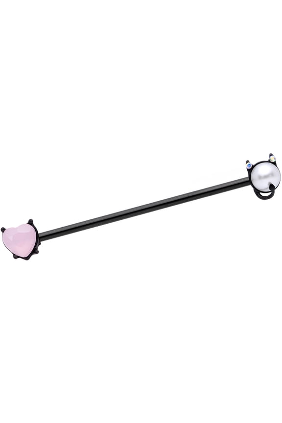 14G Black PVD Steel Helix Cartilage Earring Pink Accent Devil Heart Industrial Barbell 1 1/2"
