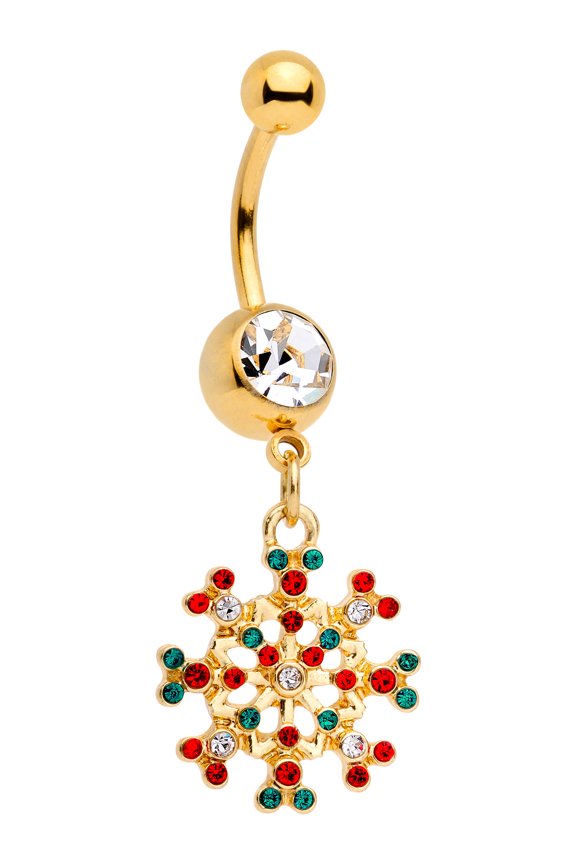 14G Gold Tone Plated Steel Navel Ring Red Green Accent Winter Snowflake Belly Button Ring 1/2"
