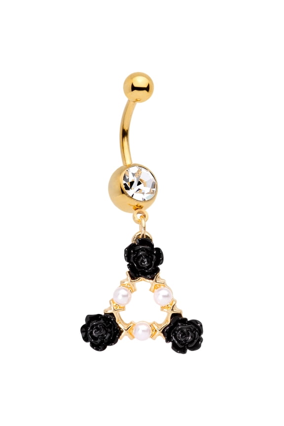14G Plated Steel Navel Ring Piercing Clear Accent Black Rose Flower Dangle Belly Button Ring