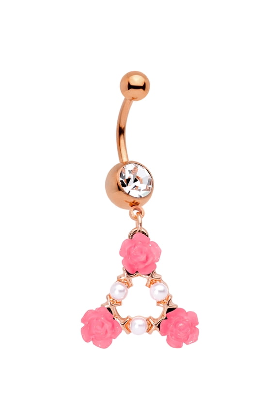 14G Plated Steel Navel Ring Piercing Clear Accent Rosy Triangle Roses Belly Button Ring 1/2" 12mm