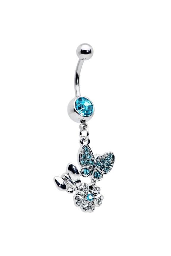 14G Stainless Steel Belly Ring Piercing Blue Butterflies Flower Dangle Belly Button Ring