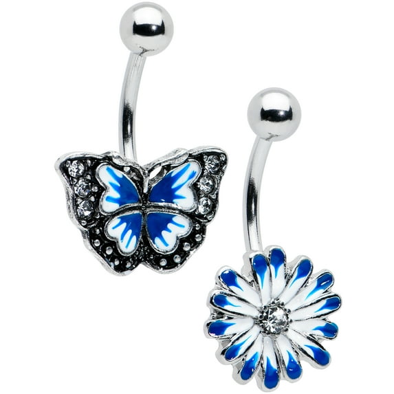 Body Candy 14G Stainless Steel Belly Ring Piercing Blue Butterfly Flowers Navel Ring 2Pc Belly Button Ring Set