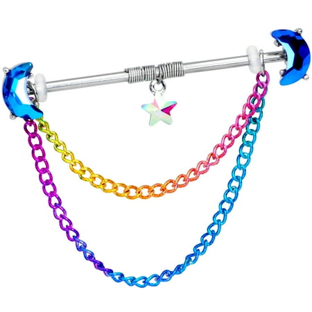 Body Candy 14G Steel Helix Cartilage Earring Blue Moon Rainbow Chain Dangle Industrial Project Bar 1 1/2"