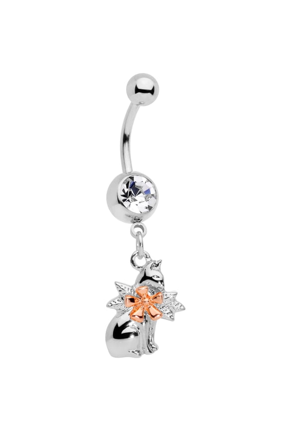 14G Steel Navel Ring Piercing Clear Accent Corsage Kitty Cat Dangle Belly Button Ring