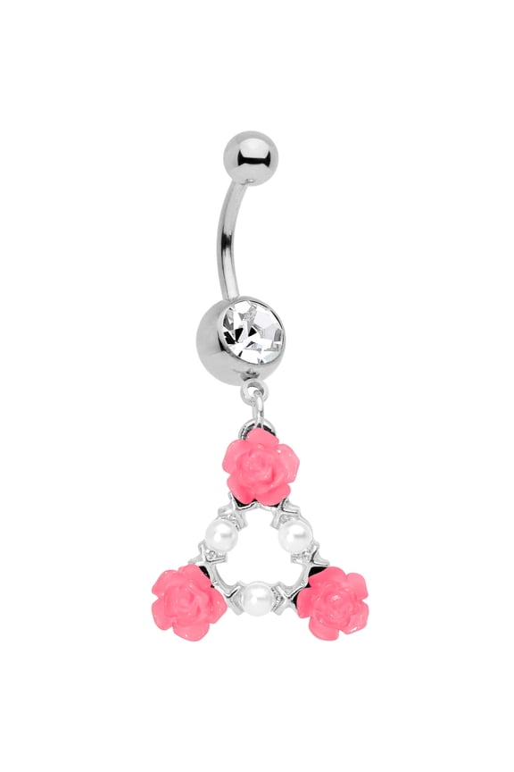 14G Steel Navel Ring Piercing Clear Accent Rosy Triangle Roses Belly Button Ring 1/2" 12mm
