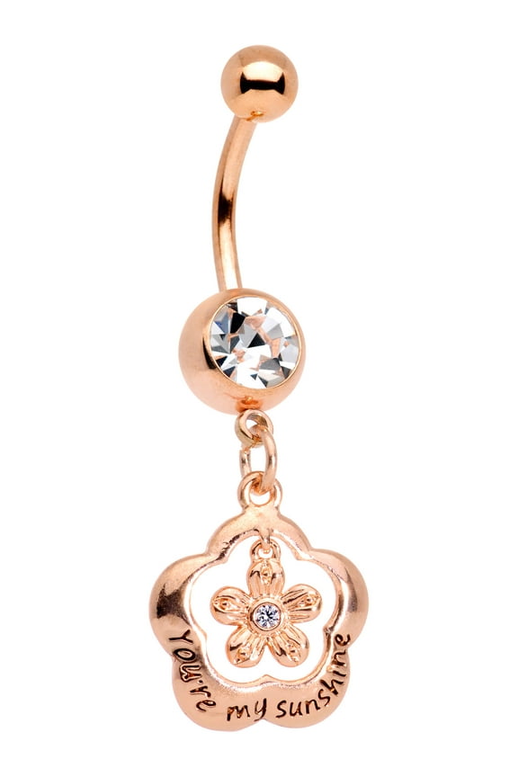 14G Womens 316L Rose Gold Tone Anodized Steel Clear Accent Fashion Cat Dangle Belly Ring 7/16"