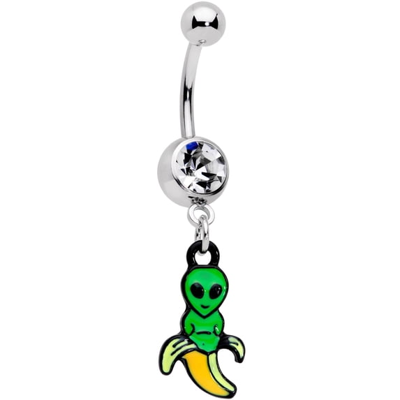 Body Candy 14G Womens 316L Steel Navel Ring Piercing Clear Accent Banana Alien Dangle Belly Button Ring 3/8”