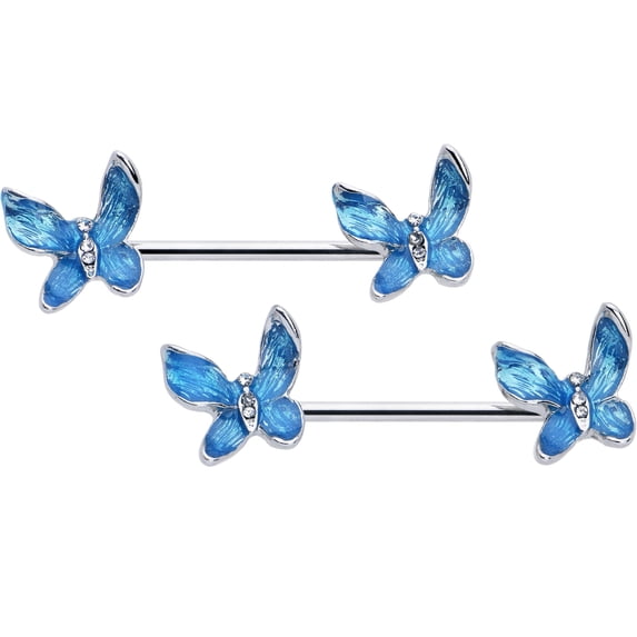 Body Candy 14G Womens Nipplerings Piercing 316L Stainless Steel 2Pc Chunky Butterfly Blue Mens Nipple Ring Set 9/16"