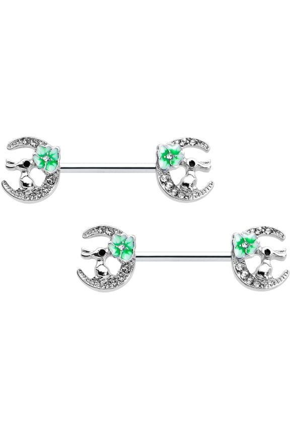 14G Womens Nipplerings Piercing 316L Stainless Steel 2Pc Rabbit on Moon Green Mens Nipple Ring Set 9/16"