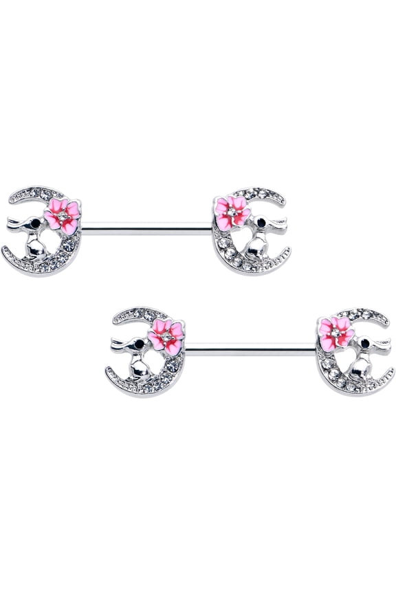 14G Womens Nipplerings Piercing 316L Stainless Steel 2Pc Rabbit on Moon Pink Mens Nipple Ring Set 9/16"