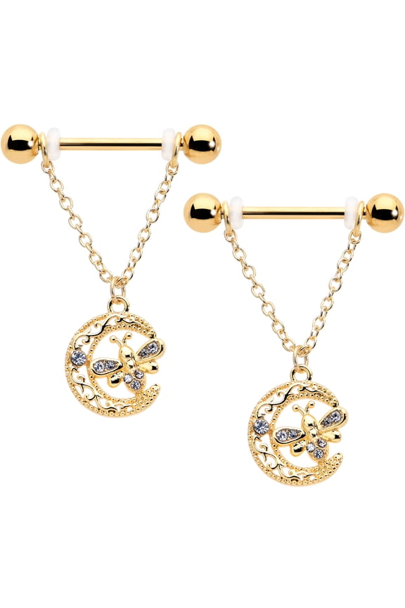 14G Womens Nipplerings Piercing 316L Stainless Steel Bright 2Pc Lunar Dragonfly Dangle Mens Nipple Ring Set 9/16"