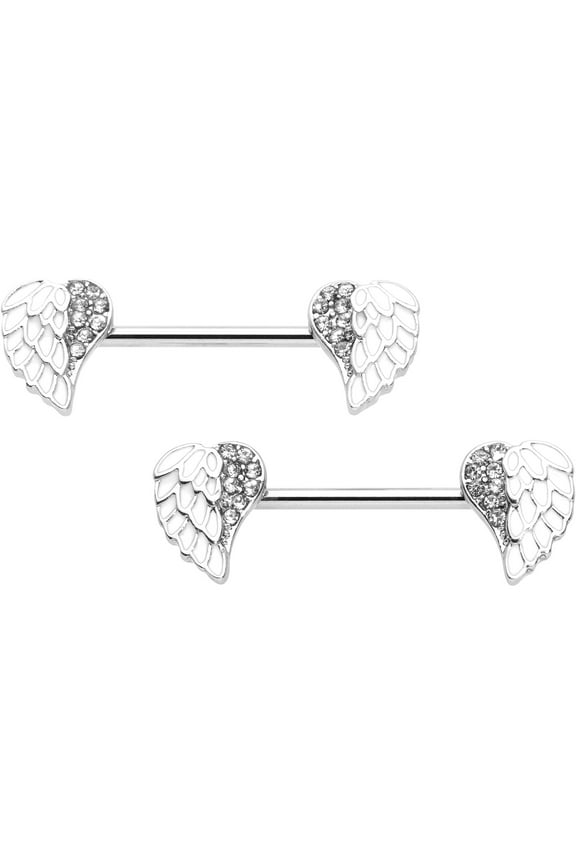 14G Womens Nipplerings Piercing Stainless Steel 2Pc Heavenly Heart Angel Wings White Nipple Ring Set 9/16"