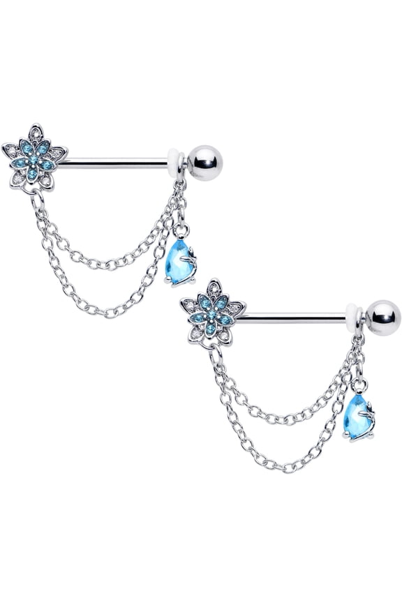 14G Womens Nipplerings Piercing Stainless Steel 2Pc Snowflake Flower Blue Chain Dangle Nipple Ring Set 9/16"