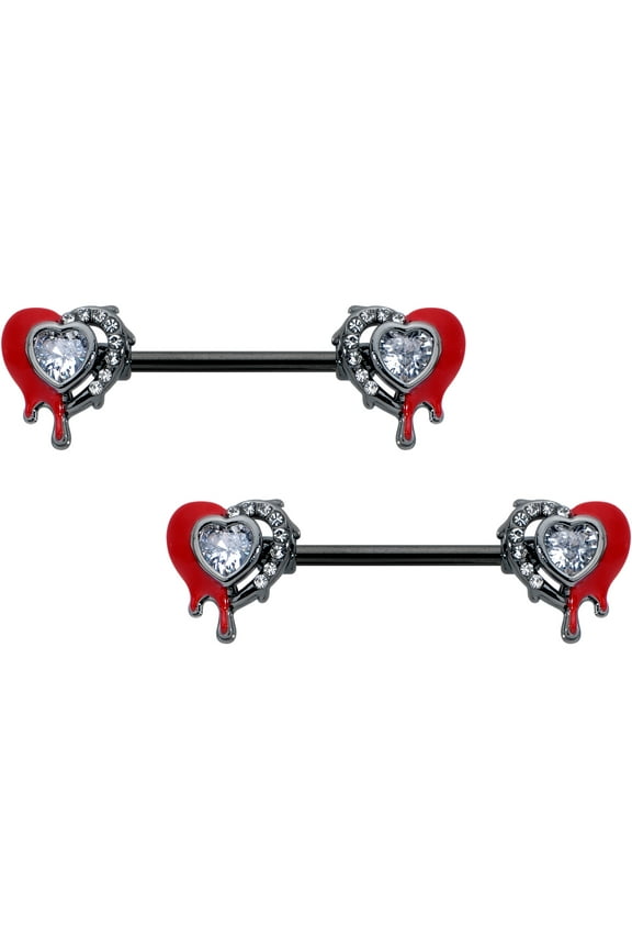 14G Womens Nipplerings Piercing Stainless Steel Black 2Pc Bleeding Heart Nipple Ring Set 9/16
