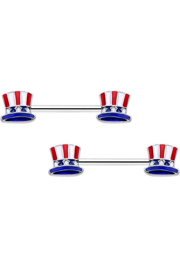 14G Womens Nipplerings Piercing Surgical Steel 2Pc USA Patriotic Top Hat Mens Nipple Ring Set 9/16"
