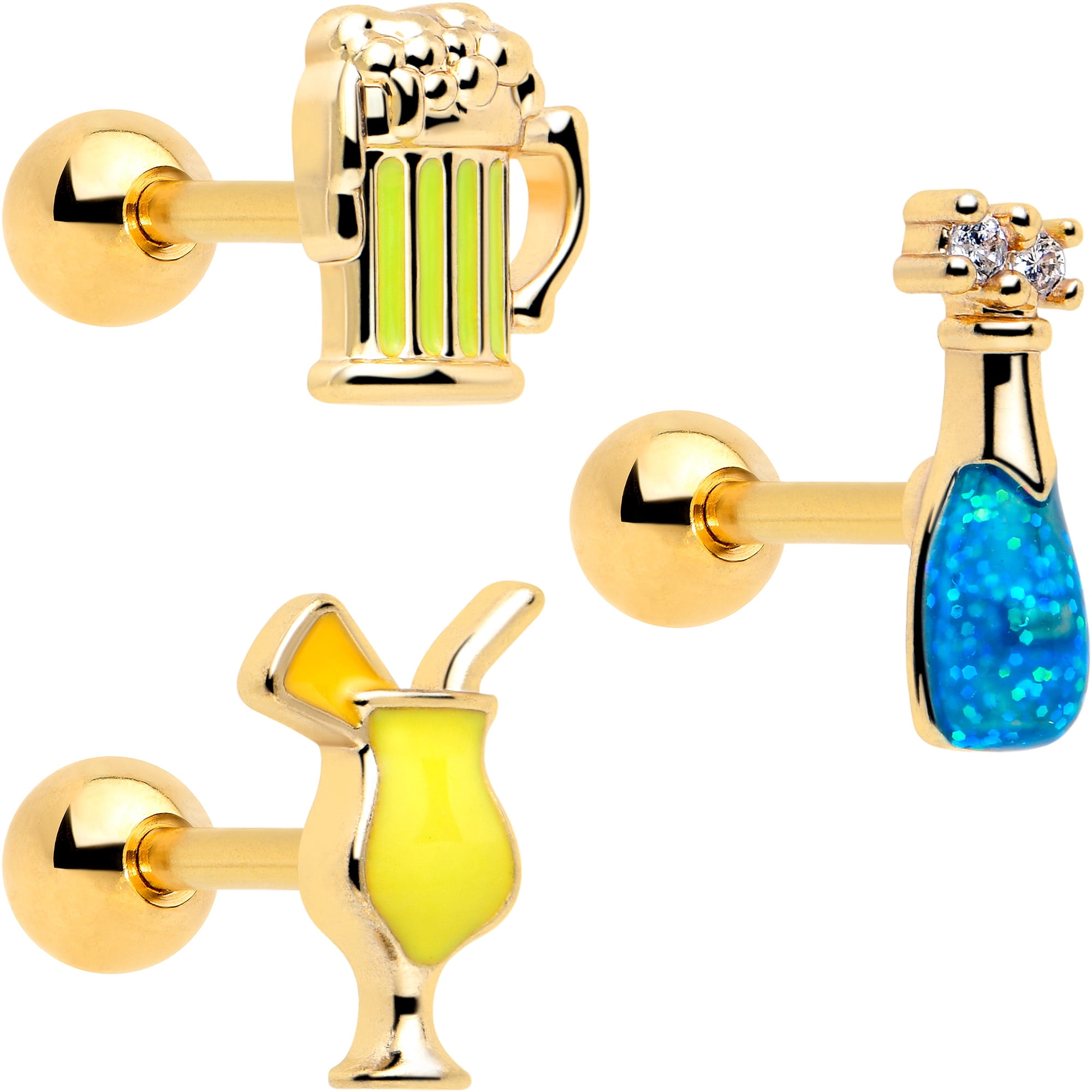 Body Candy 16 Gauge 1/4 Clear Gem Gold Tone Happy Hour Cartilage Earrings Set of 3 Stainless Steel for Women