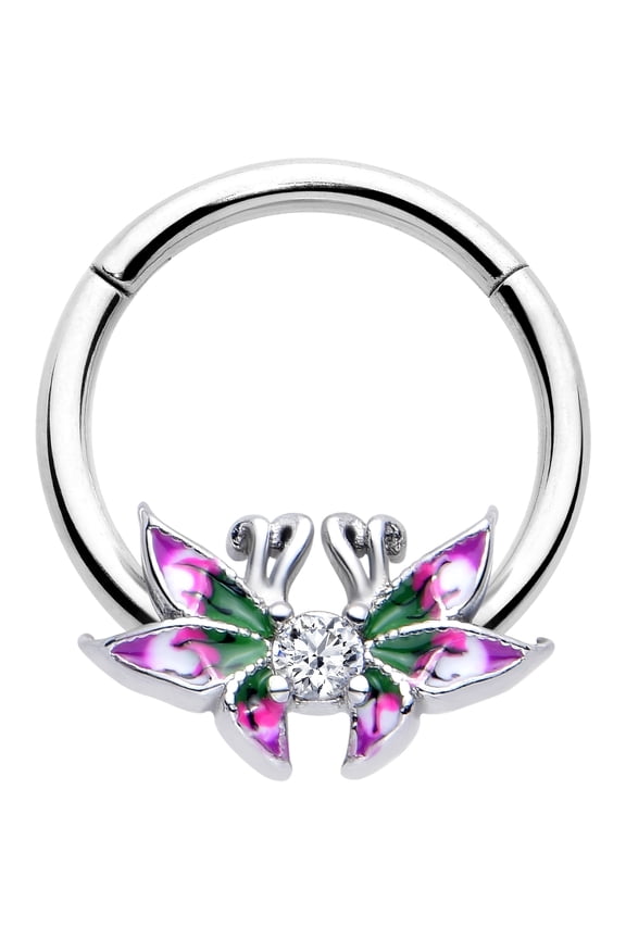 16 Gauge 3/8 Clear CZ Gem Profile Butterflies Hinged Segment Ring Stainless Steel for Women