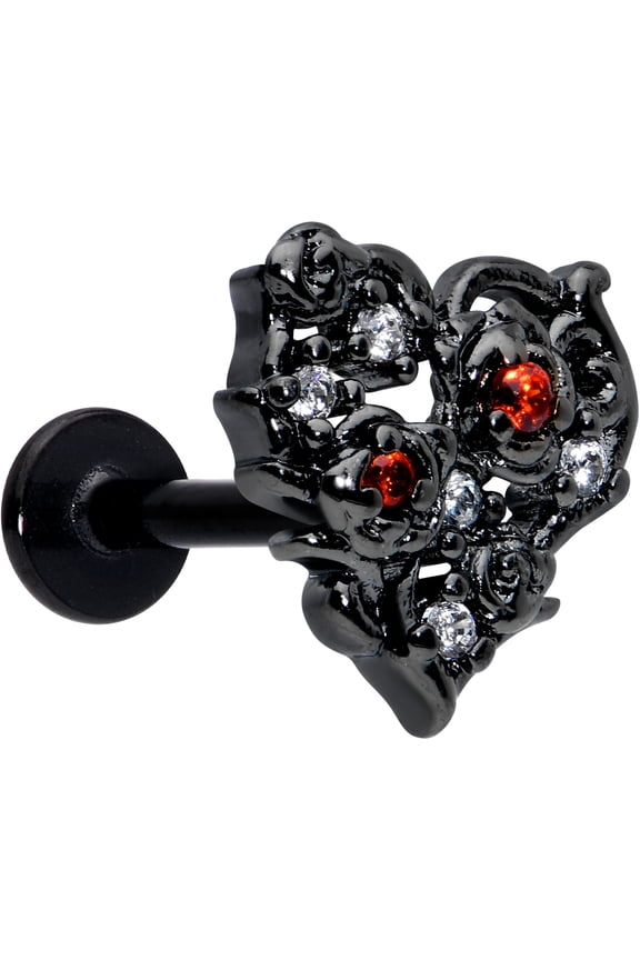 16G 316L Stainless Steel Black Floral Heart Labret Monroe Lip Ring Tragus 8mm