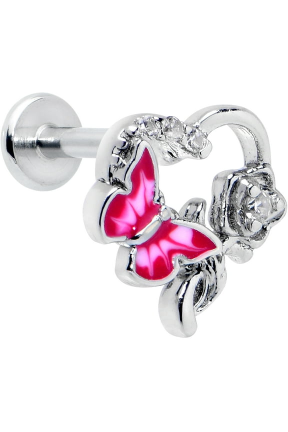 16G 316L Stainless Steel Butterfly Rose Pink Internally Threaded Labret Monroe Lip Ring Tragus 8mm