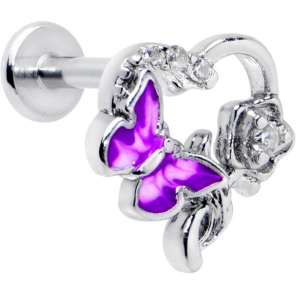 Body Candy 16G 316L Stainless Steel Butterfly Rose Purple Internally Threaded Labret Monroe Lip Ring Tragus 8mm