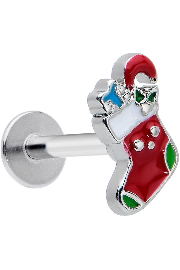 16G 316L Stainless Steel Happy Christmas Stocking Holiday Labret LipRing Tragus 8mm