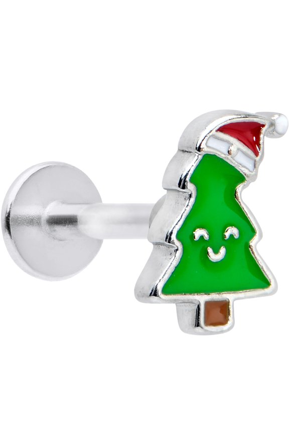 16G 316L Stainless Steel Happy Christmas Tree Hat Holiday Labret LipRing Tragus 8mm