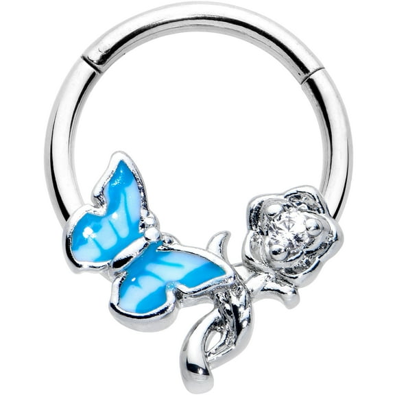 Body Candy 16G 316L Stainless Steel Hinged Segment Ring Seamless Cartilage Nipple Ring Butterfly Rose Flower Blue Nose Hoop 3/8"