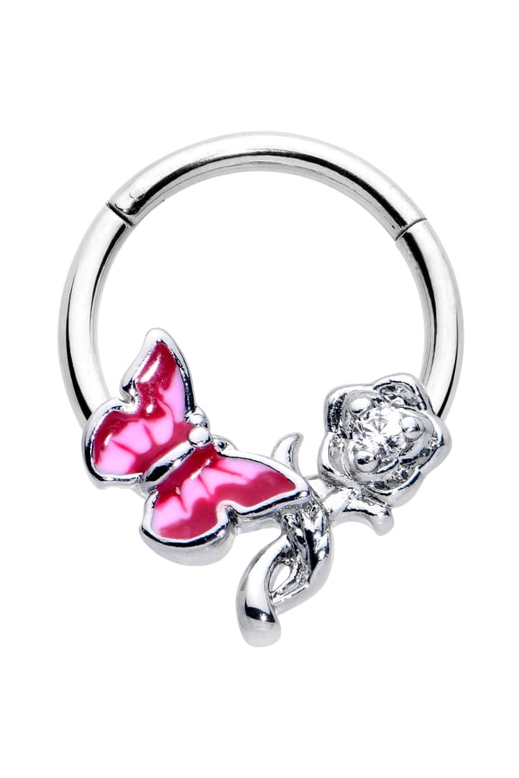 16G 316L Stainless Steel Hinged Segment Ring Seamless Cartilage Nipple Ring Butterfly Rose Flower Pink Nose Hoop 3/8"