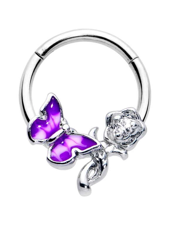 16G 316L Stainless Steel Hinged Segment Ring Seamless Cartilage Nipple Ring Butterfly Rose Flower Purple Nose Hoop 3/8"