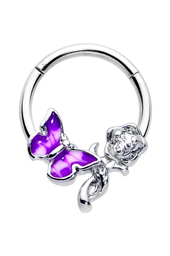 16G 316L Stainless Steel Hinged Segment Ring Seamless Cartilage Nipple Ring Butterfly Rose Flower Purple Nose Hoop 3/8"