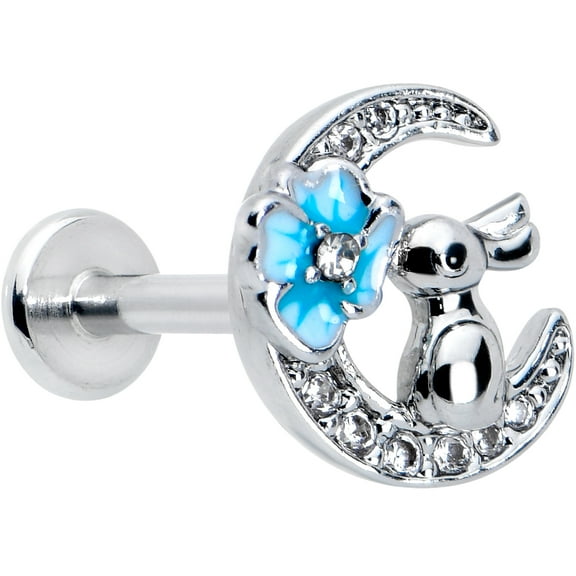 Body Candy 16G 316L Stainless Steel Rabbit on Moon Blue Internally Threaded Labret Monroe Lip Ring Tragus 8mm