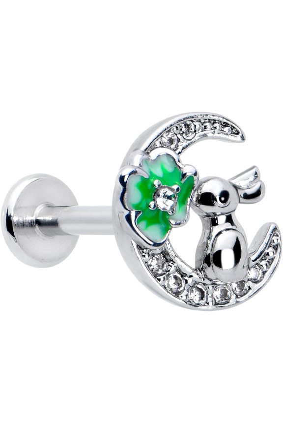 16G 316L Stainless Steel Rabbit on Moon Green Internally Threaded Labret Monroe Lip Ring Tragus 8mm
