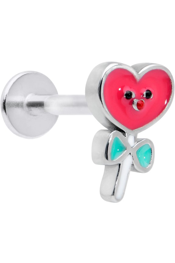 16G 316L Stainless Steel Sweet Happy Heart Lollipop Valentine Labret LipRing Tragus 8mm
