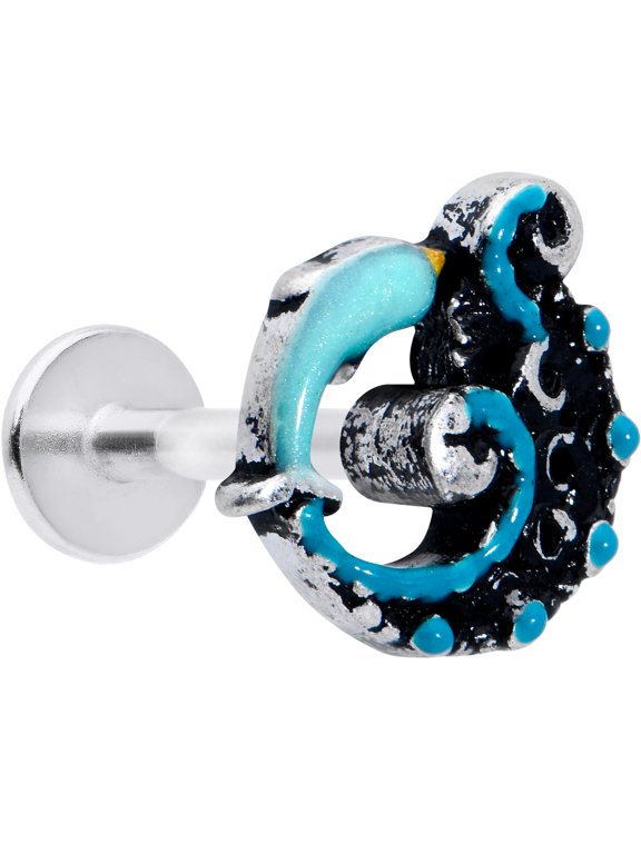 16G 316L Surgical Steel Leaping Blue Dolphin Labret Monroe Lip Ring Tragus 8mm