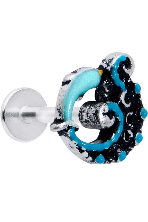 16G 316L Surgical Steel Leaping Blue Dolphin Labret Monroe Lip Ring Tragus 8mm