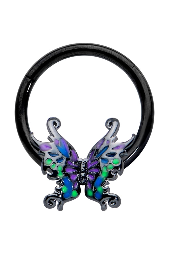 16G Black PVD Steel Hinged Segment Ring Seamless Cartilage Nipple Fantasy Fairy Wings Nose Hoop 3/8