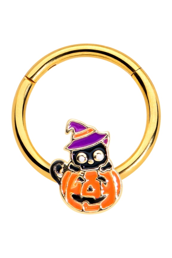 16G PVD Steel Hinged Segment Ring Seamless Cartilage Nipple Black Cat Witch Pumpkin Nose Hoop 3/8