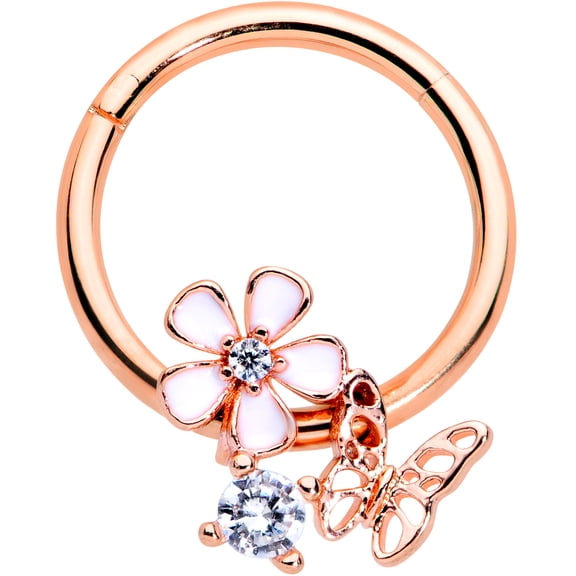 Body Candy 16G PVD Steel Hinged Segment Ring Seamless Cartilage Nipple Rosy Butterfly Flower Nose Hoop 3/8"