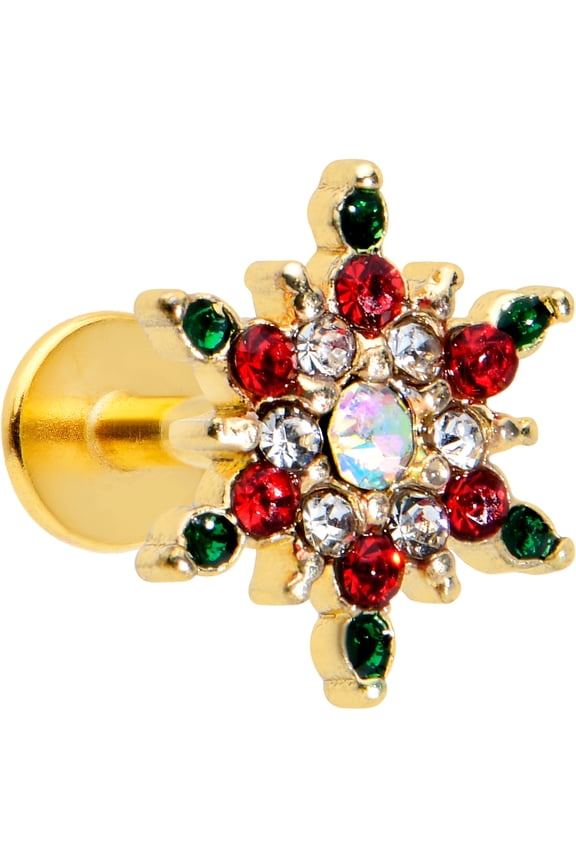 16G PVD Steel Red Green Snowflake Labret LipTop Ear Cartilage Tragus Piercing Jewelry 1/4