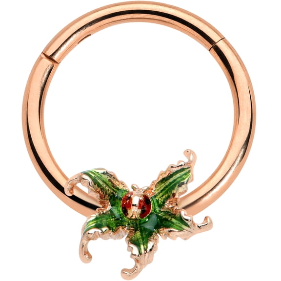Body Candy 16G Plated Steel Hinged Segment Ring Seamless Cartilage Nipple Rosy Leaf Ladybug Nose Hoop 3/8"