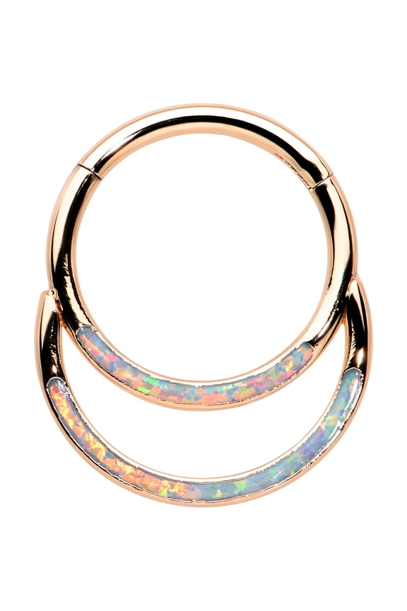 16G Plated Steel Hinged Segment Ring Seamless Cartilage Rosy Synth Opal Double Row Nose Hoop 3/8"
