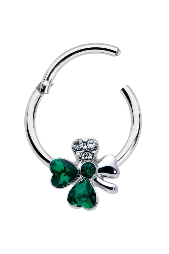 16G Steel Hinged Segment Ring Seamless Cartilage Nipple Clear Green Accent Shamrock Nose Hoop 3/8"