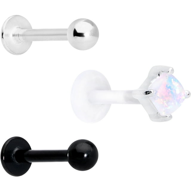 Body Candy 16G Women Bioplast Black PVD Steel 3Pc White Accent Labret