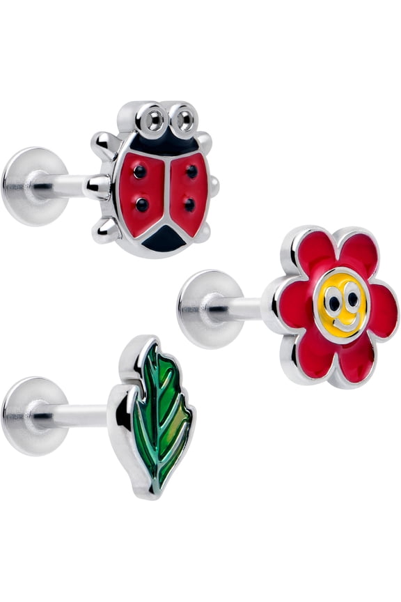 16G Womens 316L Stainless Steel 3Pc Ladybug Hippie Flower Mens Labret Monroe Lip Ring Cartilage Tragus 5/16"