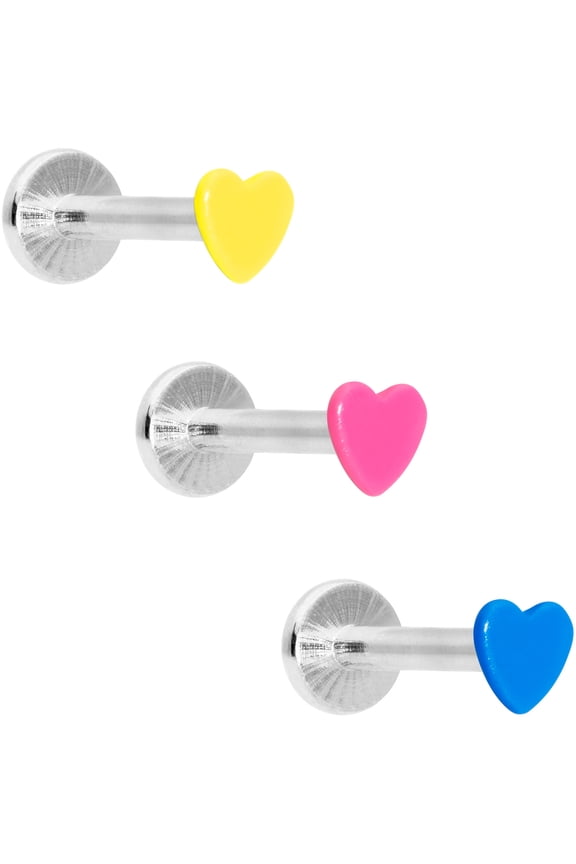 16G Womens 316L Steel 3Pc Pink Yellow Blue Glow Heart Labret Monroe Lip Cartilage Tragus 5/16"