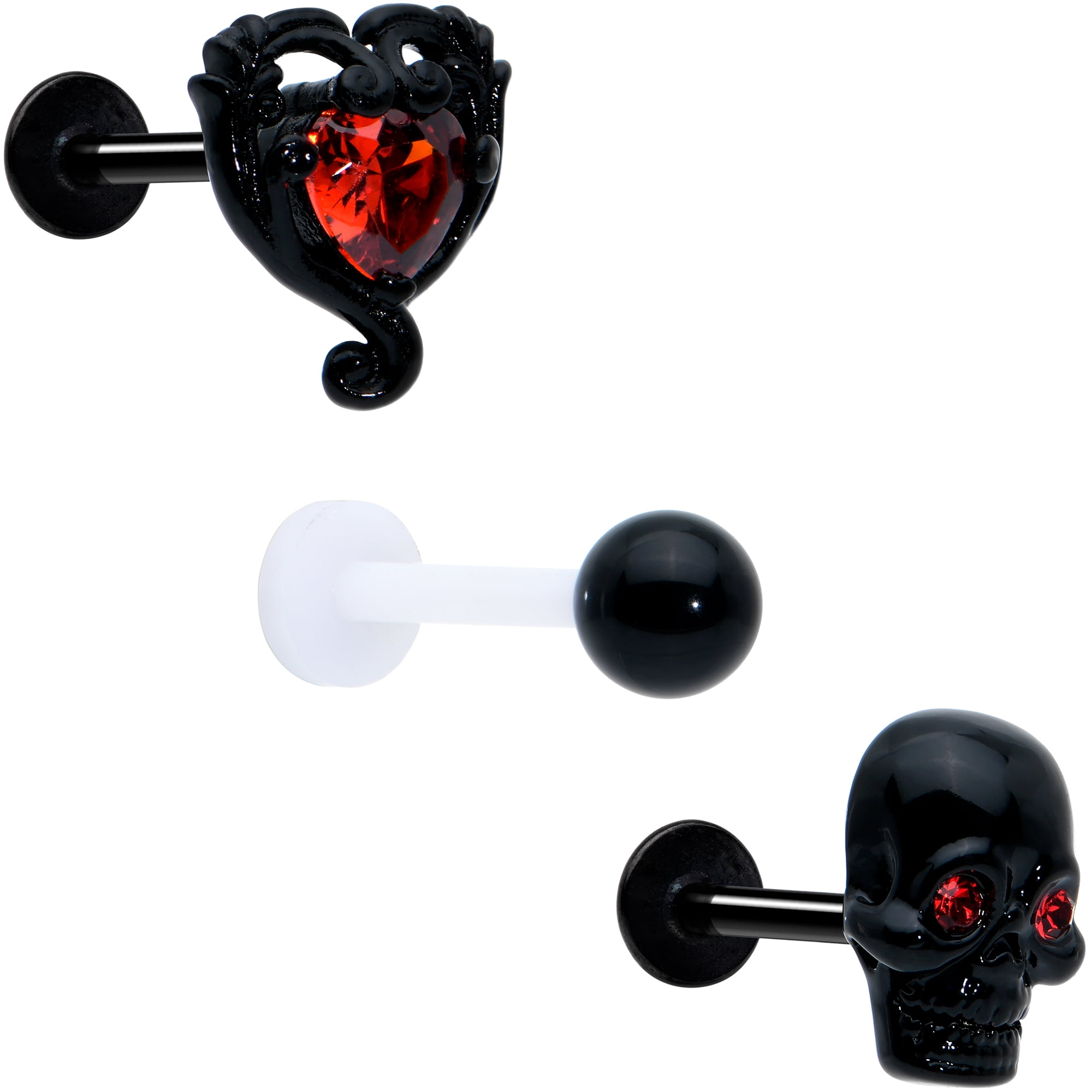 BODY CANDY 16G Womens 316L Steel Black 3Pc Skull Passion Heart Mens Labret LipRing Cartilage Tragus 5/16