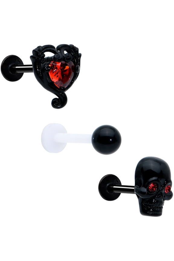 16G Womens 316L Steel Black 3Pc Skull Passion Heart Mens Labret LipRing Cartilage Tragus 5/16
