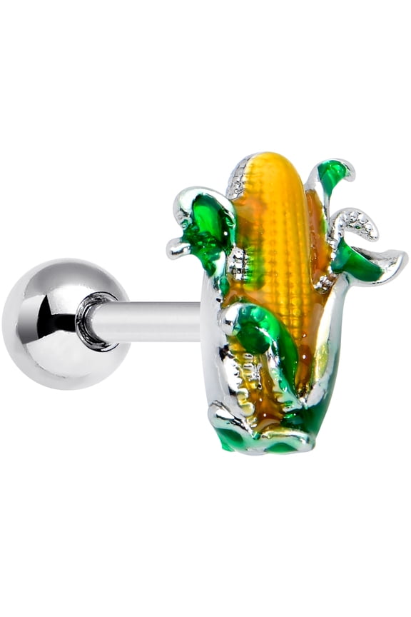 16G Womens 316L Steel Green Yellow Corn on the Cob Cartilage Earring Helix Tragus Jewelry 1/4"